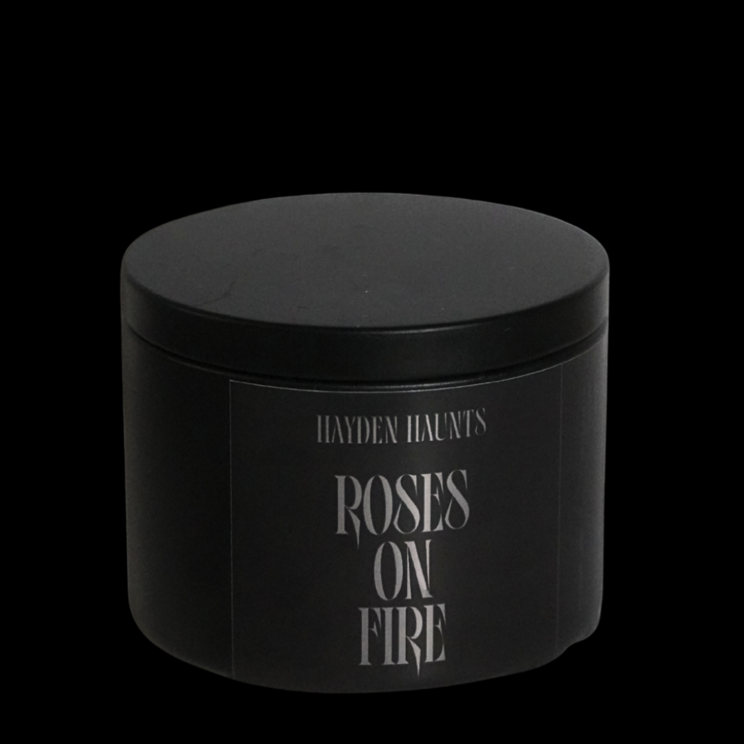 Black container with 'Hayden Haunts Roses on Fire' text on a black background