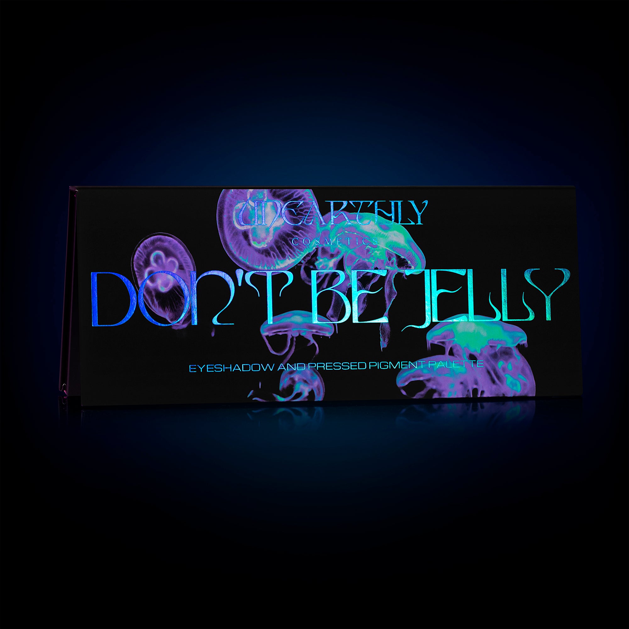 Makeup palette with jellyfish design and 'Don't Be Jelly' text on a dark background